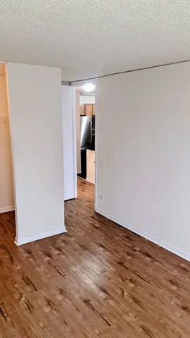 a view of an empty room with wooden floor