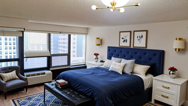 a bedroom with a bed and a couch