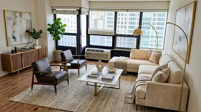 a living room with furniture large window and flat screen tv