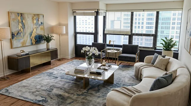 a living room with furniture and floor to ceiling windows
