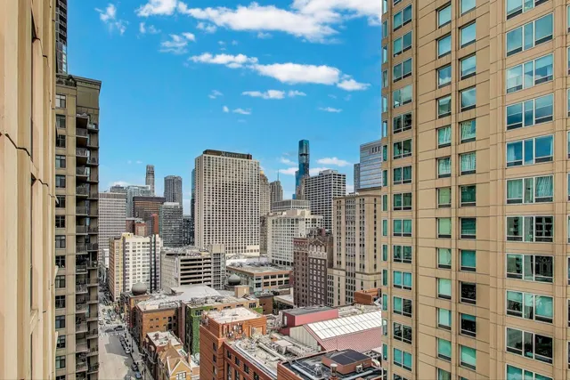 a city view with tall buildings