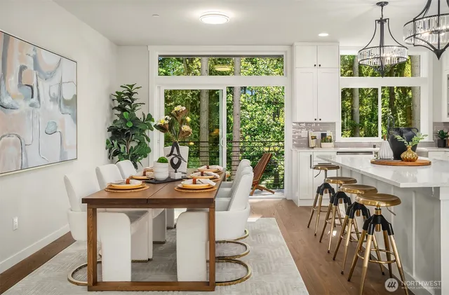 a view of a dining room with furniture window and outside view