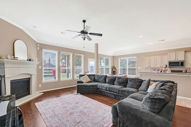 a living room with furniture window and a fireplace