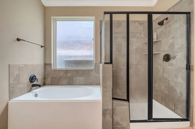 a bathroom with a bathtub and a shower