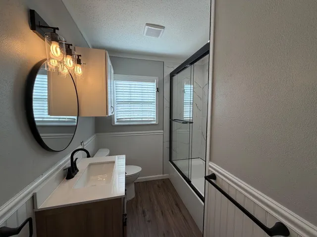 a bathroom with a sink a toilet and a mirror