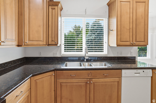 2190 750 West Perry, UT 84302 - Photo 20 of 42 Kitchen featuring a stainless steel double sink, granite countertops, wood-finish cabinetry, and a built-in dishwasher