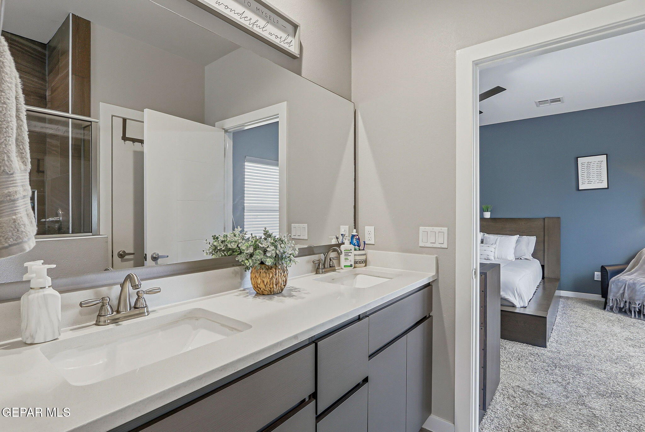 123 Via Rojas Drive Horizon City, TX 79928 - Photo 26 of 47 a bathroom with a sink double vanity and a mirror