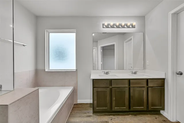 a bathroom with a tub sink and mirror