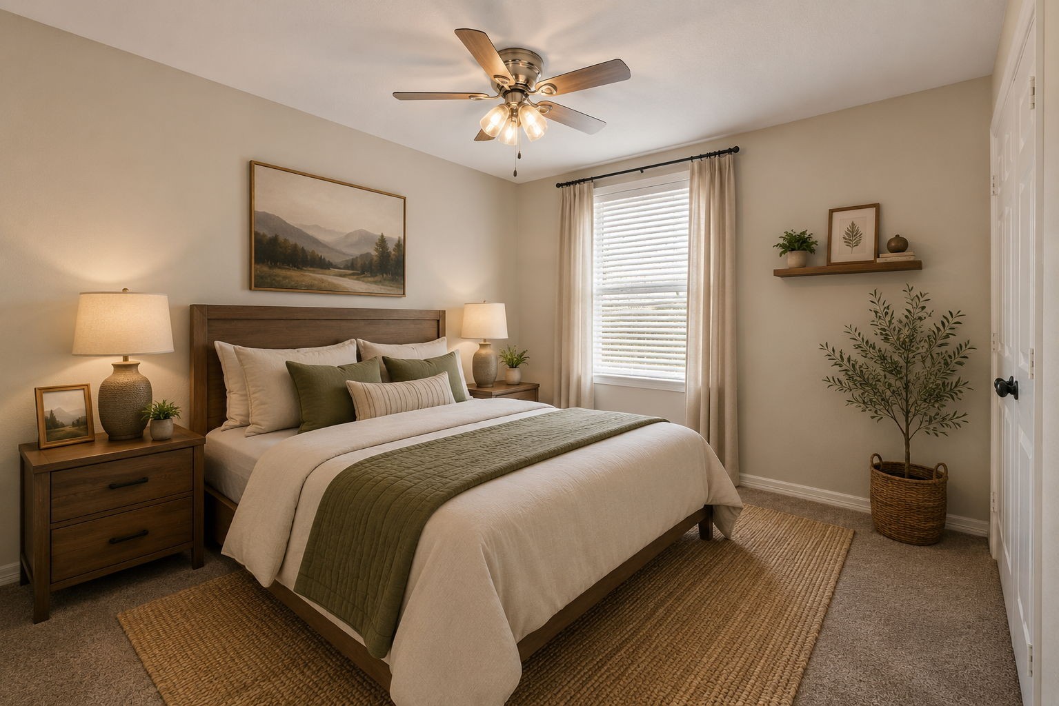 2730 Lawrence Road Kemah, TX 77565 - Photo 30 of 46 This cozy bedroom features a warm, neutral palette with a comfortable bed, stylish wooden furniture, and soft lighting. A ceiling fan and window with curtains provide ventilation and natural light. Decor includes nature-themed artwork and plants, creating a serene atmosphere.