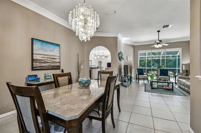 a view of a dining room with furniture window and outside view