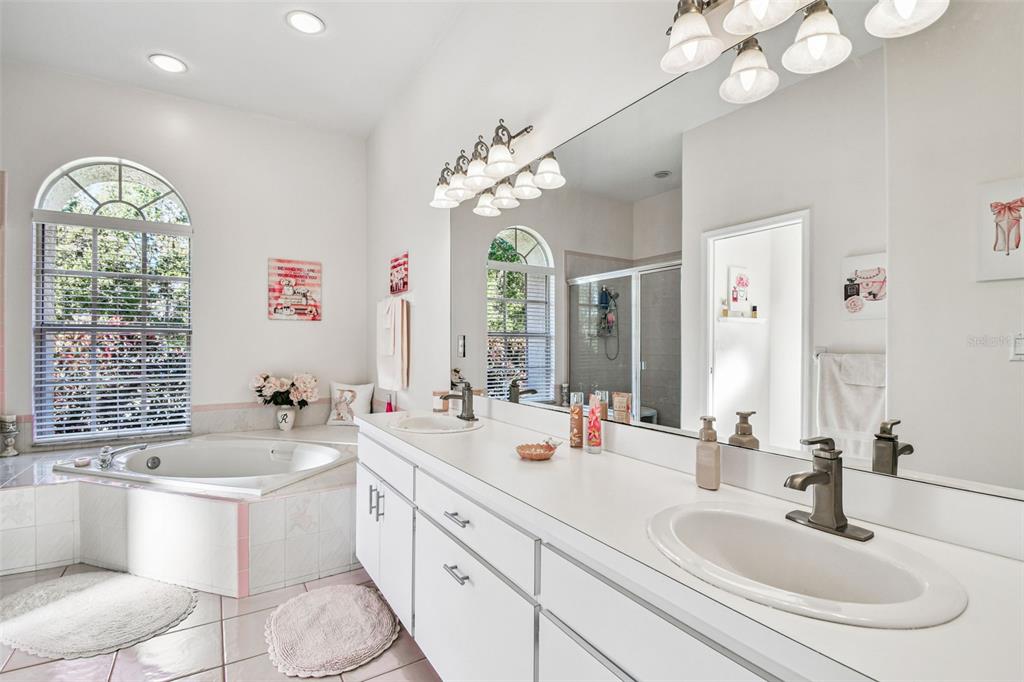 1955 Dunloe Circle Dunedin, FL 34698 - Photo 42 of 94 a bathroom with a double vanity sink a mirror and a bathtub