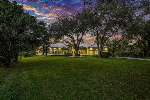 a view of a park with large trees