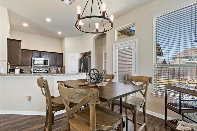 a view of a dining room with furniture and window