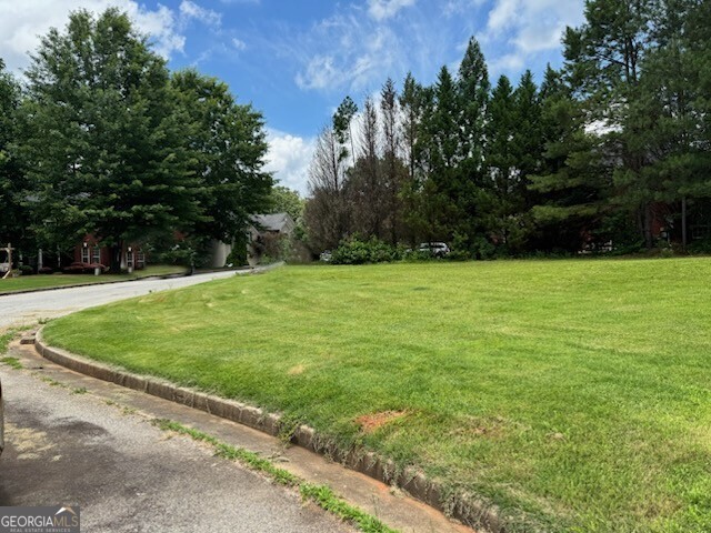 a view of a field with trees in the background