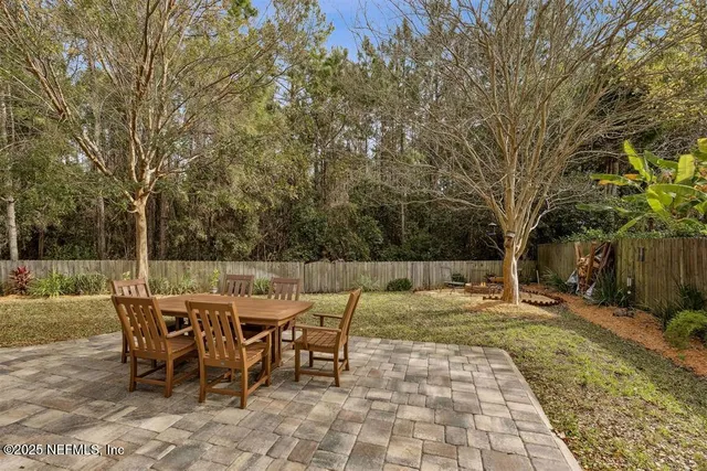 a view of a patio with a table and chairs