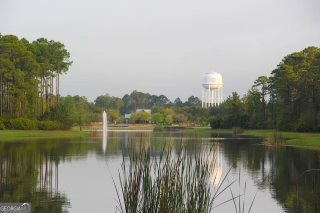 a view of a lake with a city