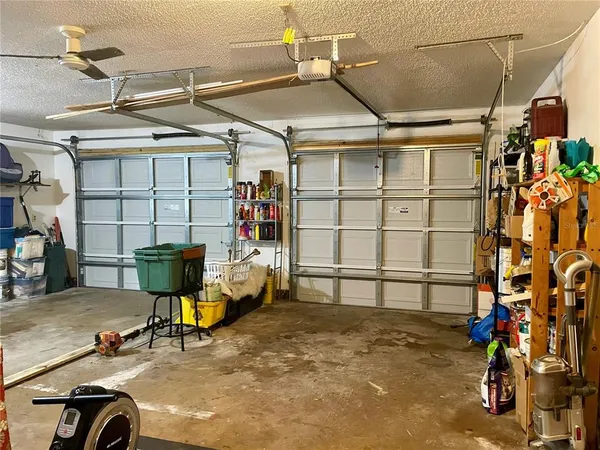 a view of a garage with storage