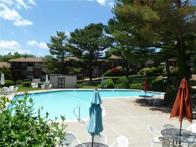 a view of a swimming pool with a patio and a garden