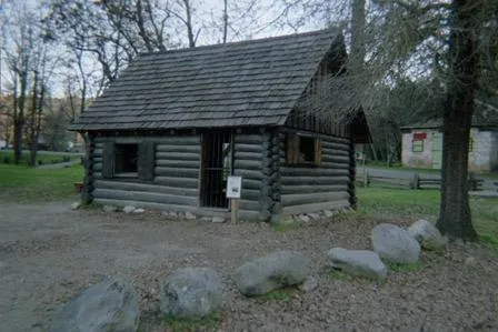 a view of a wooden house with a tree