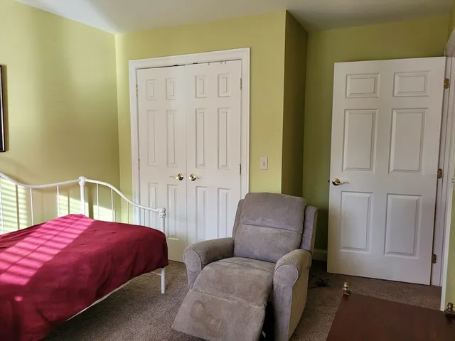 a bedroom with furniture and a chandelier fan