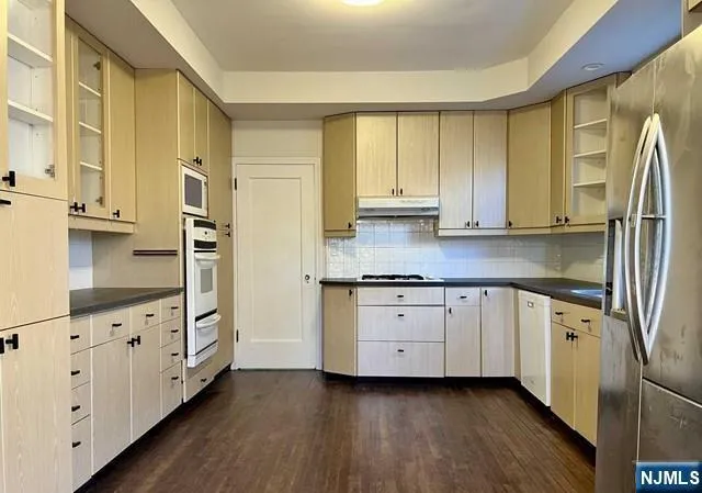 a kitchen with stainless steel appliances granite countertop a sink and cabinets with wooden floor