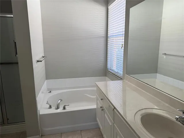 a bathroom with a tub sink and vanity
