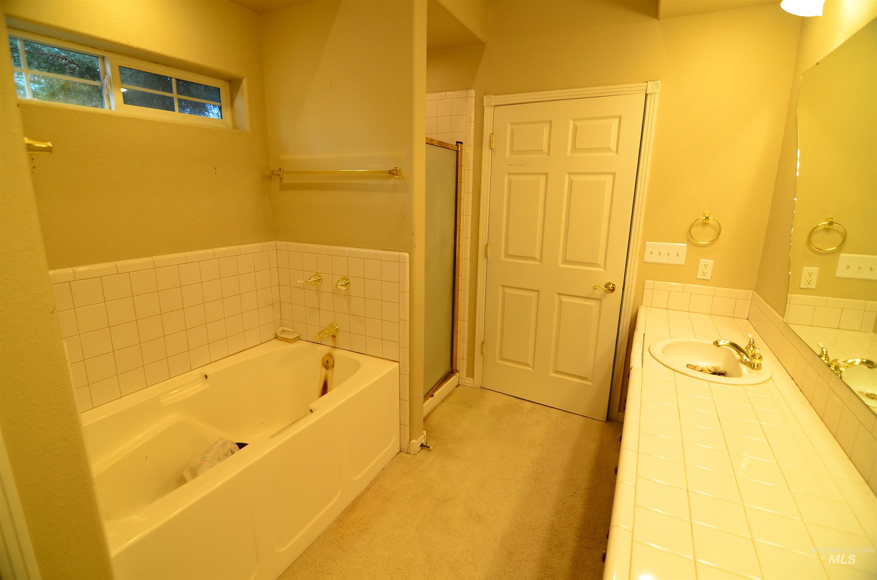 690 Granite Way Boise, ID 83712 - Photo 17 of 30 Bathroom featuring a bath, vanity, a stall shower, and light colored carpet