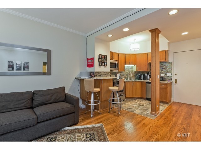 70 East Scott Street, Unit 408 Chicago, IL 60610 - Photo 5 of 9 a living room with stainless steel appliances kitchen island granite countertop furniture and a wooden floor