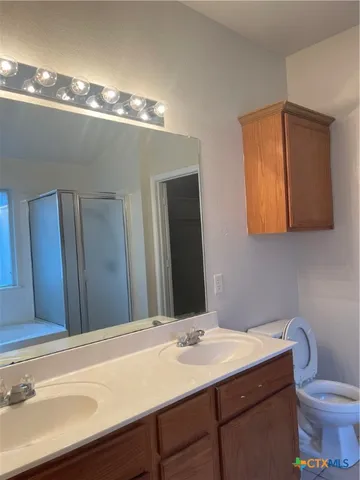 a bathroom with a sink a toilet and mirror