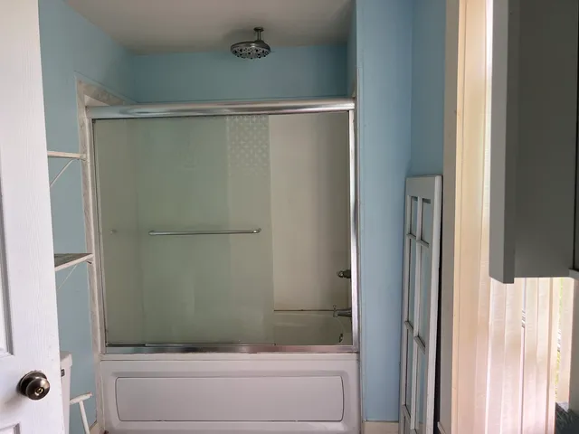 a bathroom with a bathtub