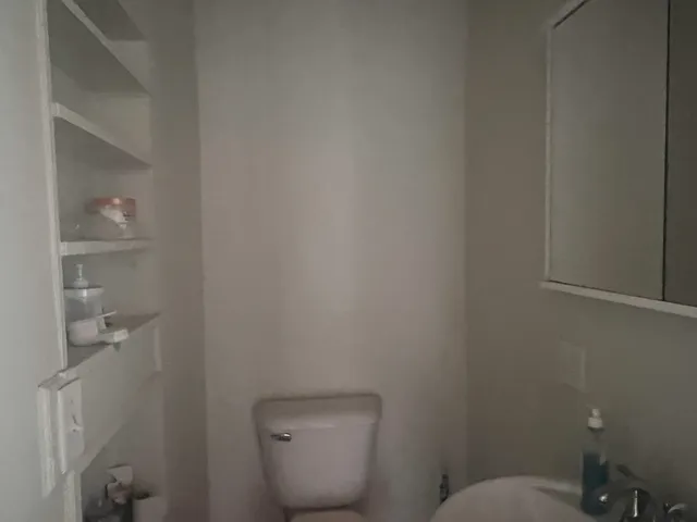 a white toilet sitting next to a shower