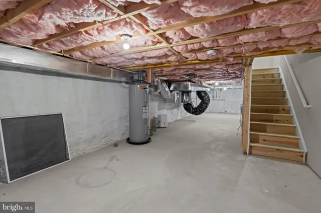 a view of a garage with wooden floor