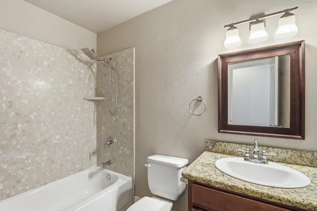 a view of a park with large trees