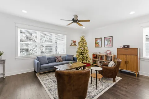 a living room with lots of furniture and a potted plant