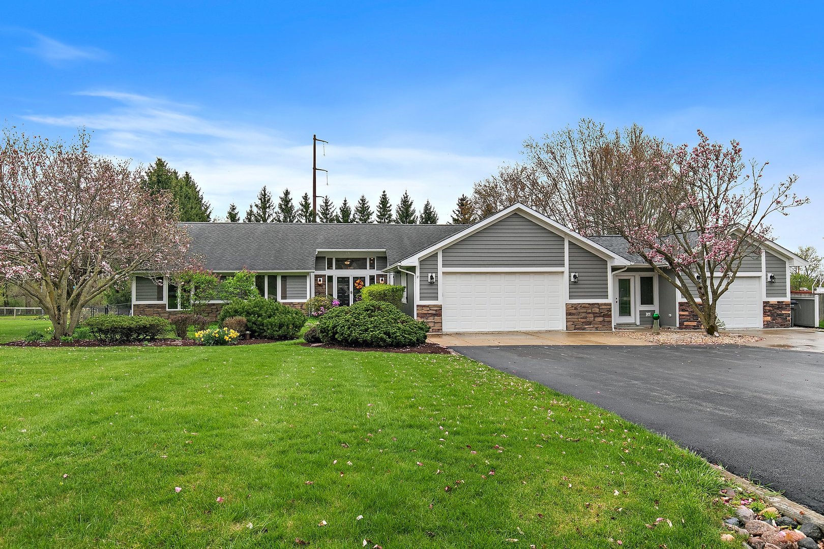 a front view of a house with a yard and trees