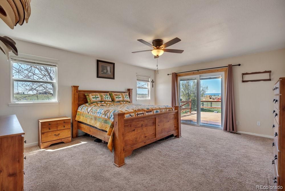 24535 County Road 5 Elbert, CO 80106 - Photo 13 of 45 a bedroom with a large bed and a chandelier