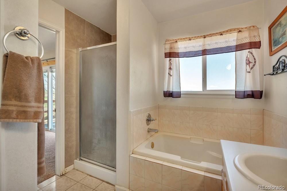 24535 County Road 5 Elbert, CO 80106 - Photo 10 of 45 a bathroom with a bathtub a window and a shower