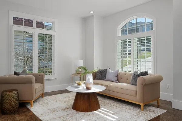 a view of an empty room with a window