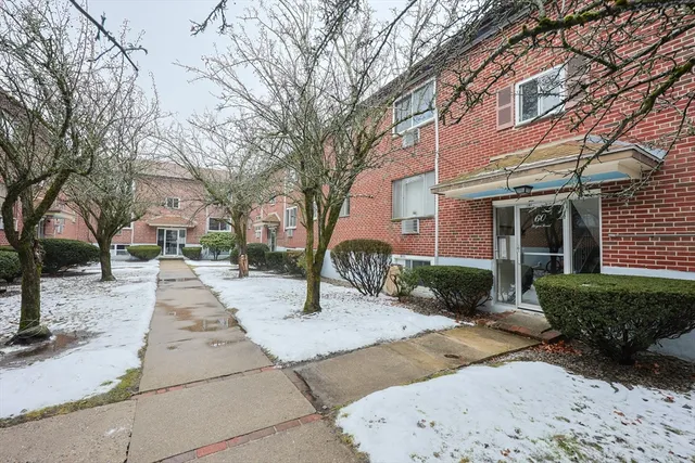a view of a building with a yard and plants