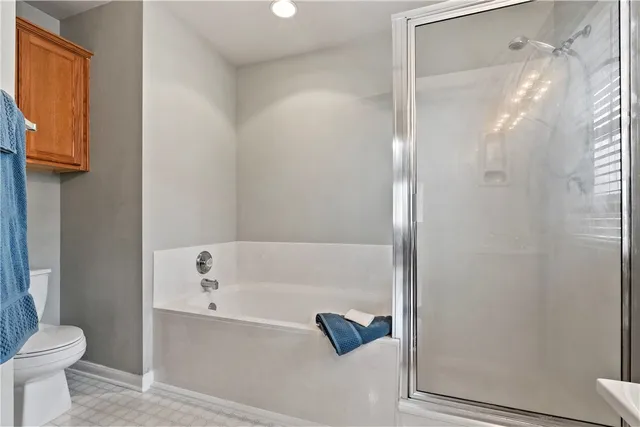 a bathroom with a bathtub and a toilet