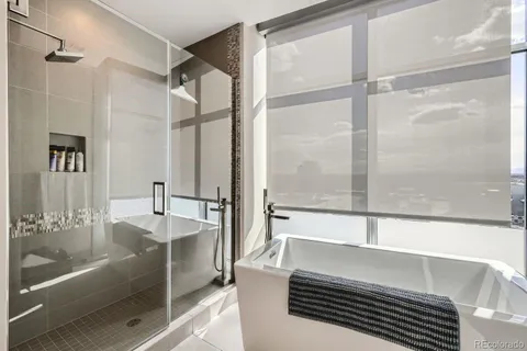 a bathroom with a bathtub and a shower