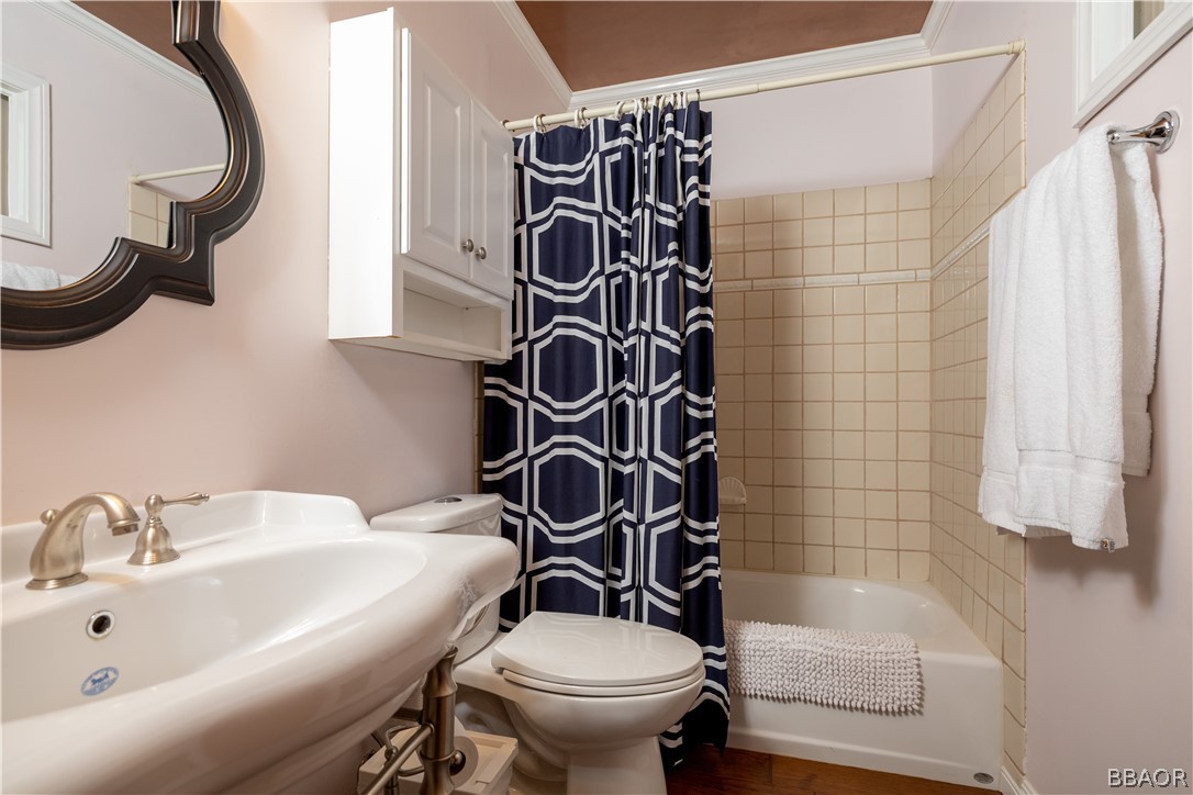 841 Golf Course Road Lake Arrowhead, CA 92352 - Photo 22 of 43 a bathroom with a sink a toilet and a mirror