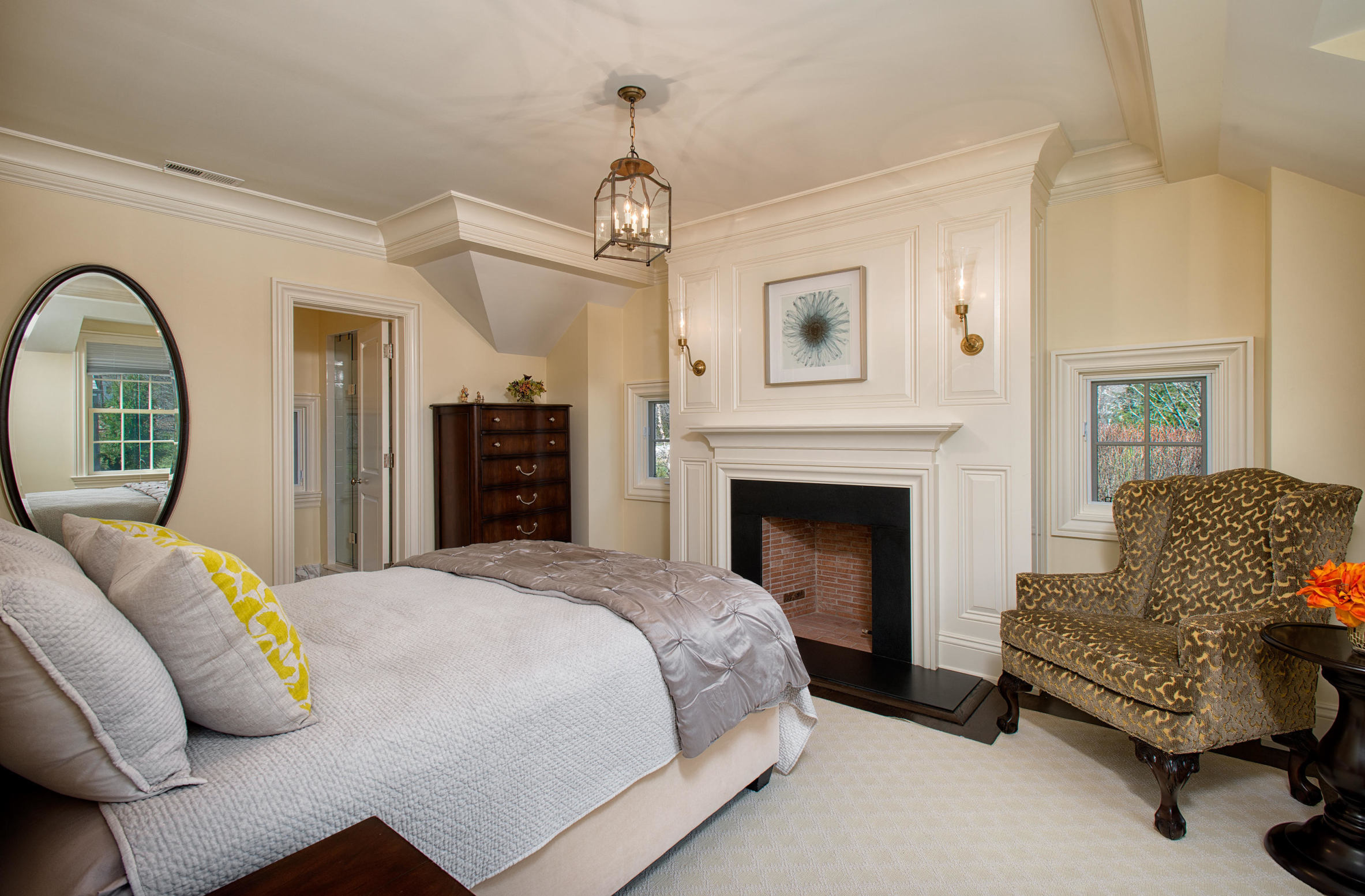 1480 Ponus Ridge Road New Canaan, CT 06840 - Photo 13 of 22 a bedroom with a bed and a fireplace