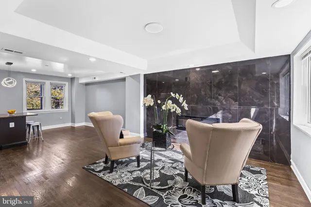 a living room with furniture a dining table and a potted plant