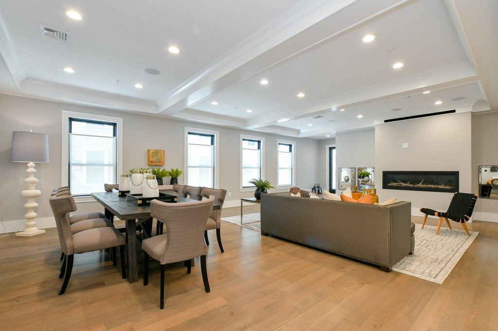 377 West First Street, Unit 2 Boston, MA 02127 - Photo 6 of 39 a living room with furniture a fireplace and a dining table with wooden floor