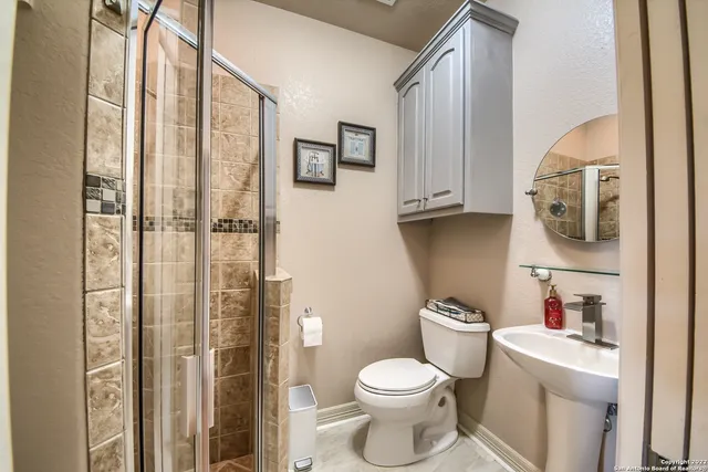a bathroom with a toilet a sink and a shower