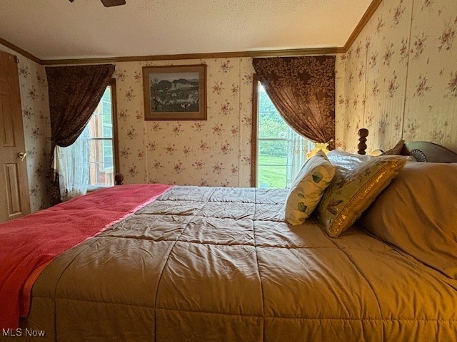 12575 Zane Road Lore City, OH 43755 - Photo 33 of 37 Bedroom featuring wallpapered walls, crown molding, multiple windows, and a textured ceiling