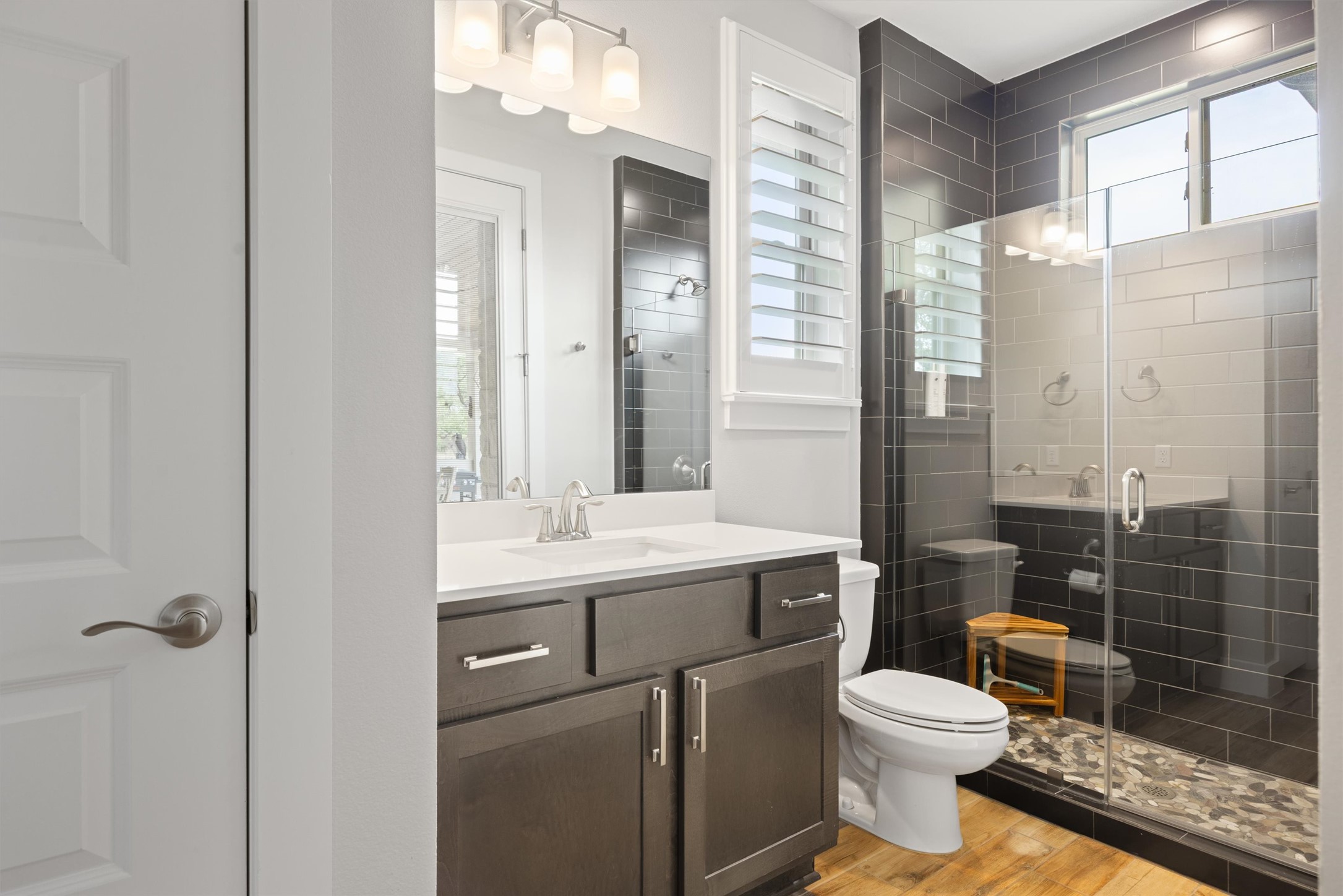 2009 Nature View Loop Driftwood, TX 78619 - Photo 22 of 37 a bathroom with a toilet a sink and glass door
