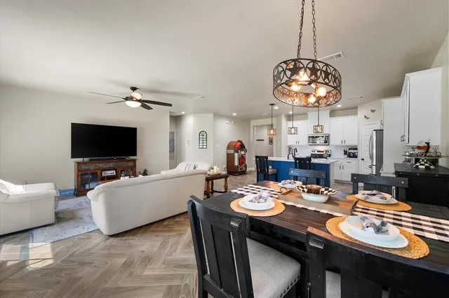 a view of a dining room with furniture