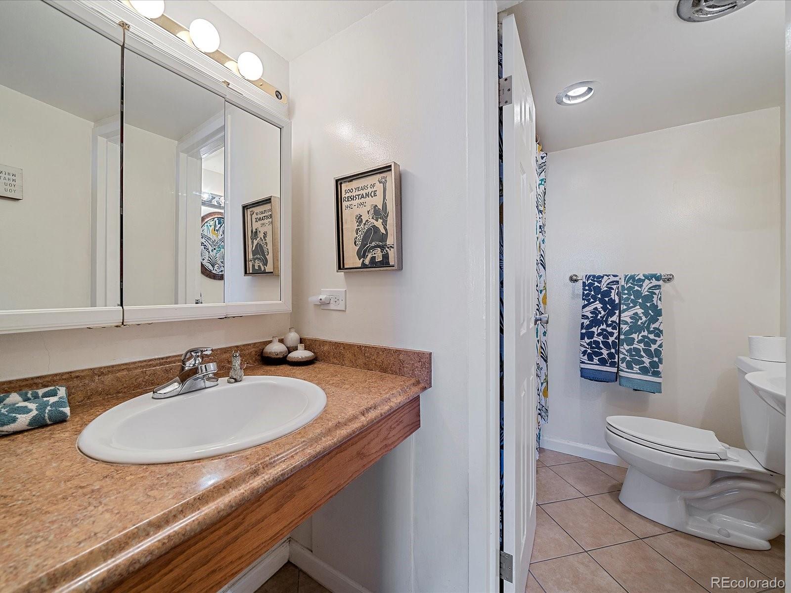 1111 Ash Street, Unit 307 Denver, CO 80220 - Photo 16 of 21 a bathroom with a granite countertop sink a toilet and a mirror